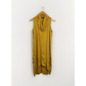 For Cynthia Linen Maxi Dress Women L Mustard Sleeveless High Low Cowl V Neck